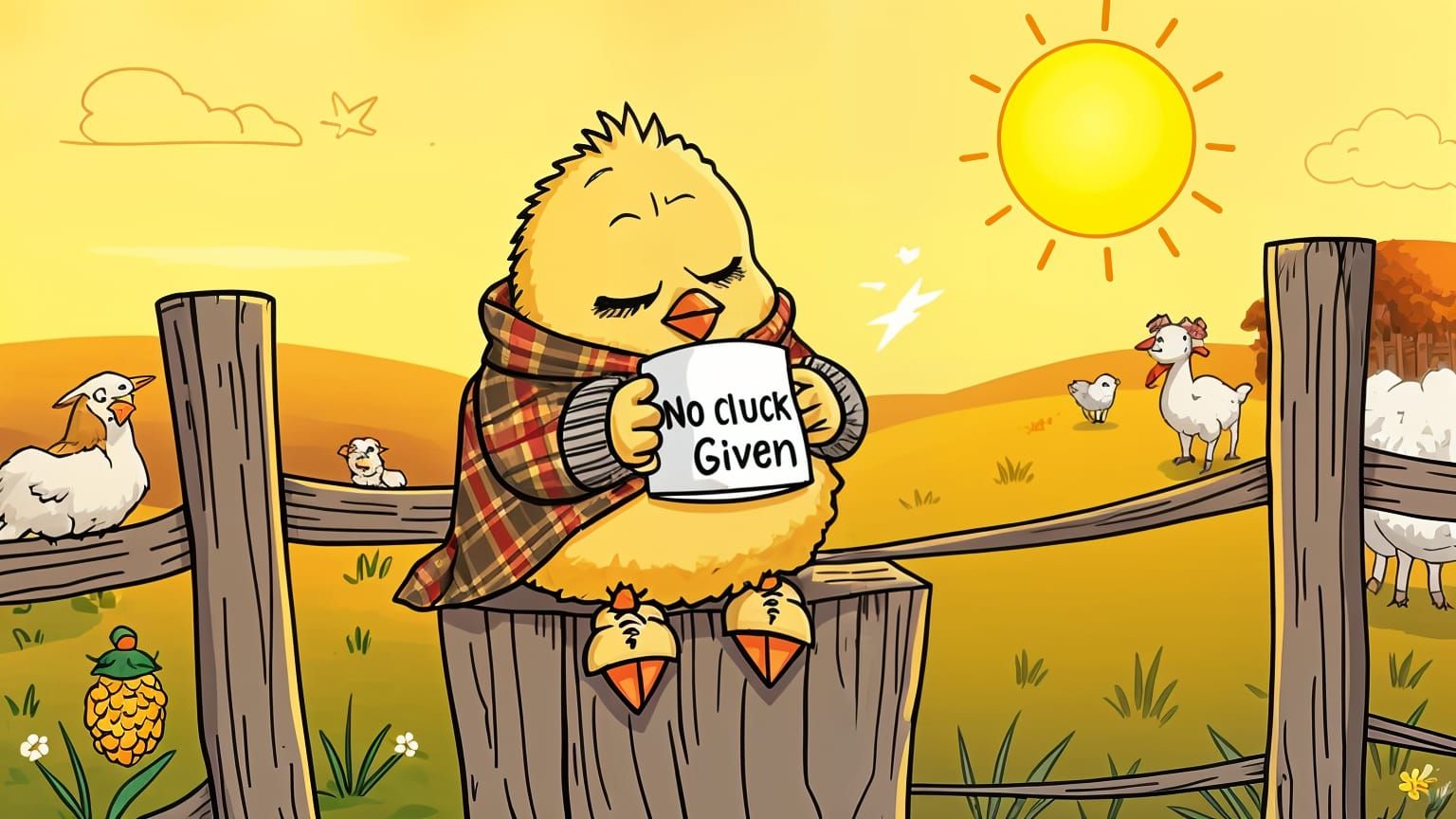 Cartoon Chick on Fence Post at Sunrise
