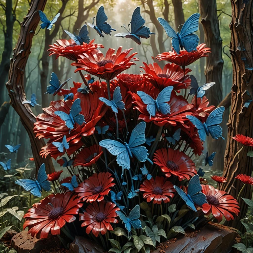 Rodin-Style Marble Butterflies on Oak Dandelion