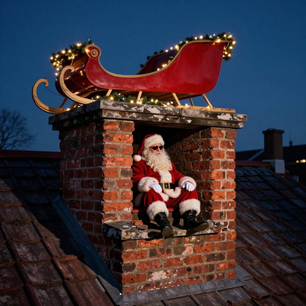 Billy Gibbons Santa in Brick Chimney with Christmas Lights