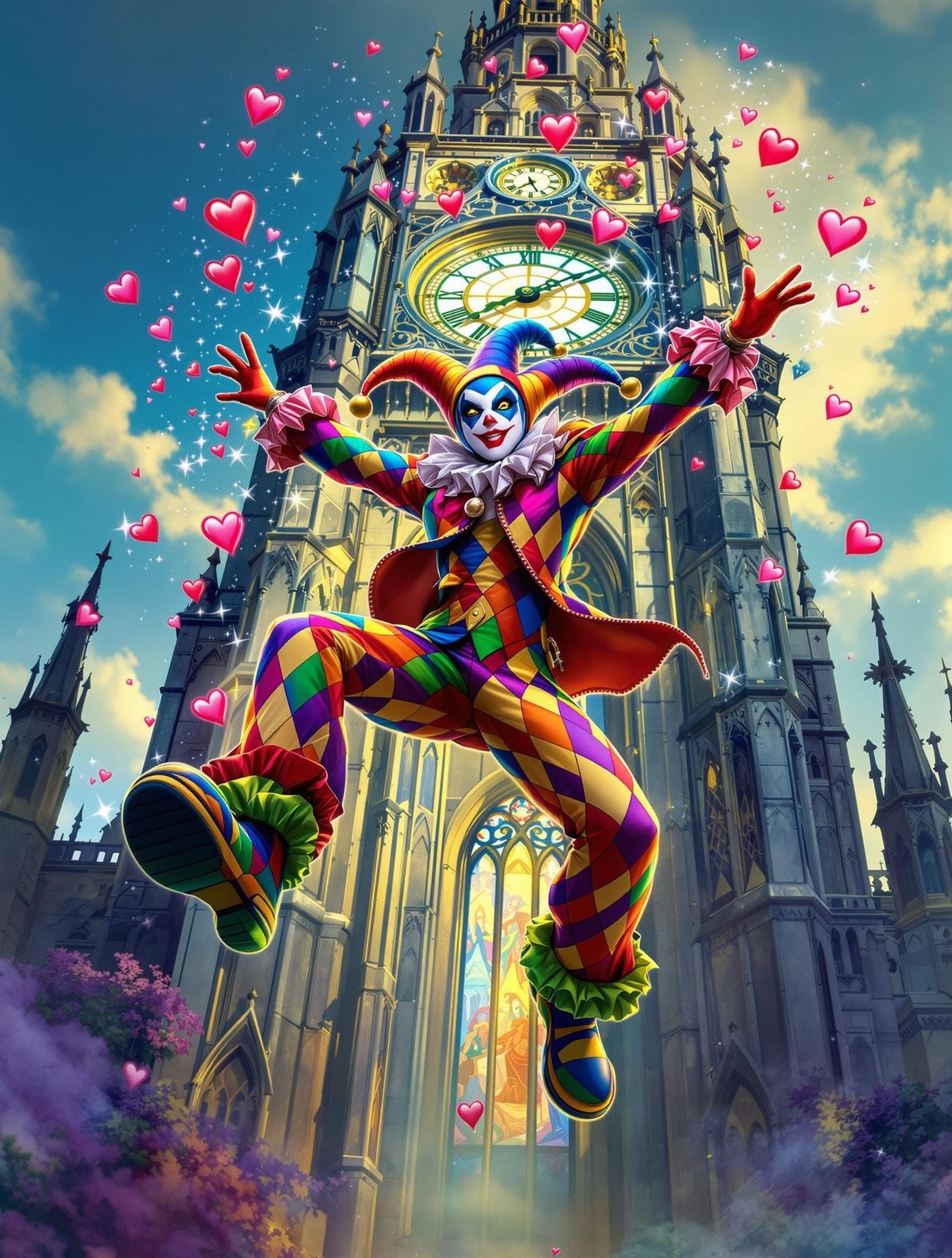 Vibrant Harlequin Leaps Against Gothic Clocktower in Bold 90...