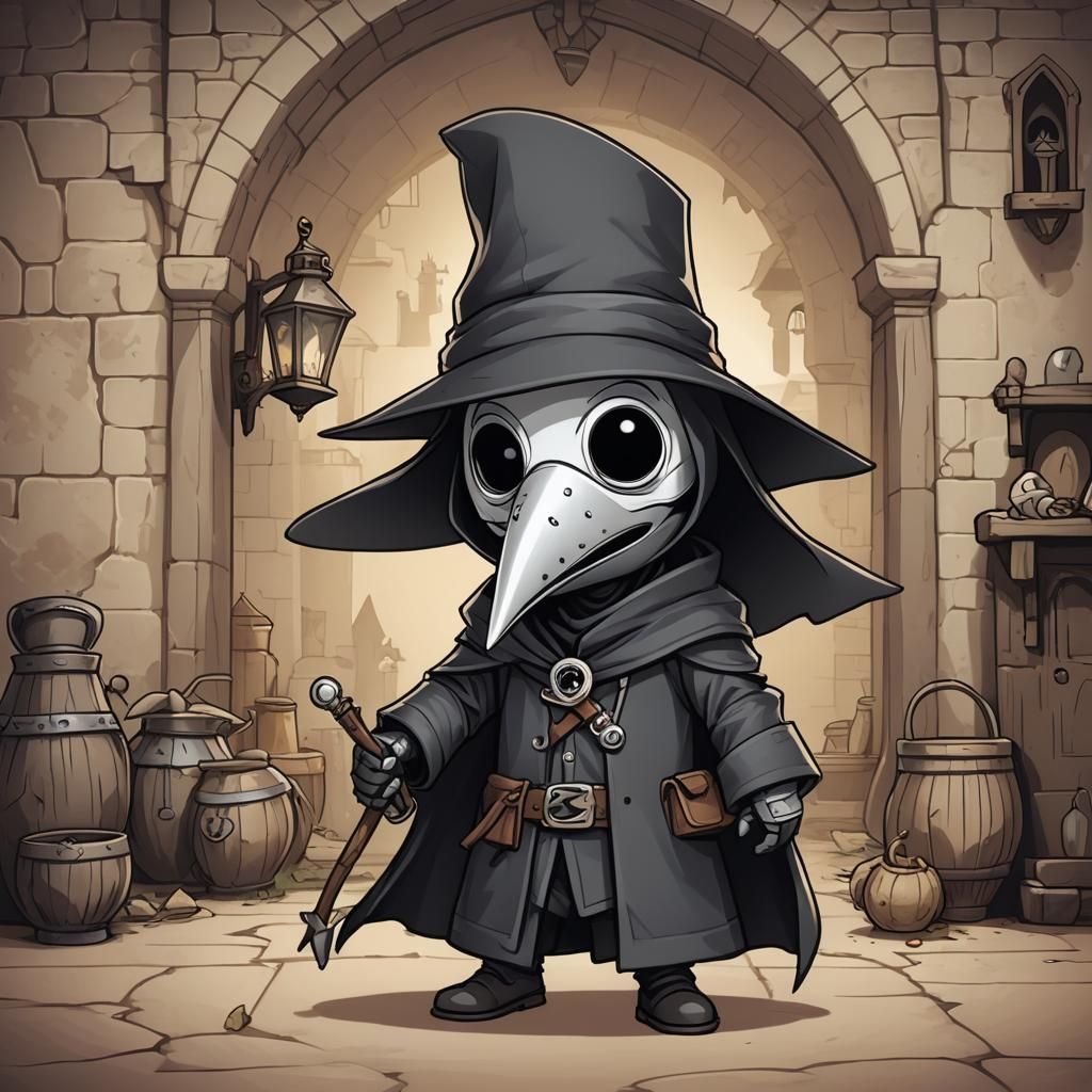 Chibi Plague Doctor in Cartoon Medieval Setting