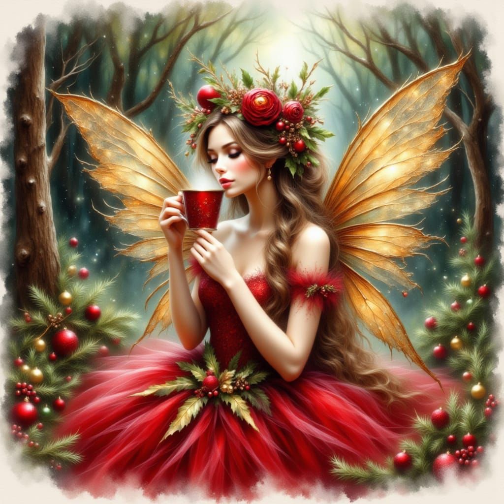 Christmas Fairy Enjoys Coffee in Magical Winter Forest