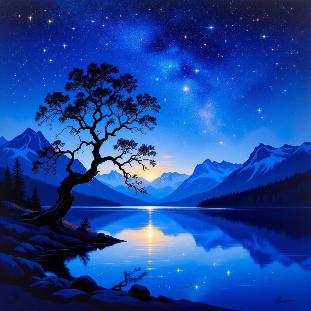 Ancient Tree Silhouetted Against Starry Night Sky Over Alpin...