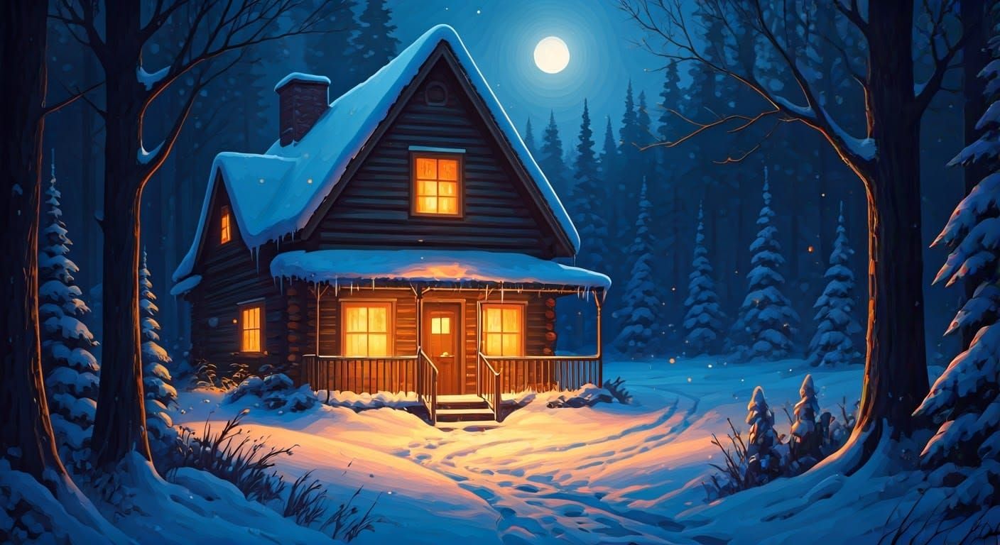 Mystical Winter Solstice Cabin in Moonlit Forest