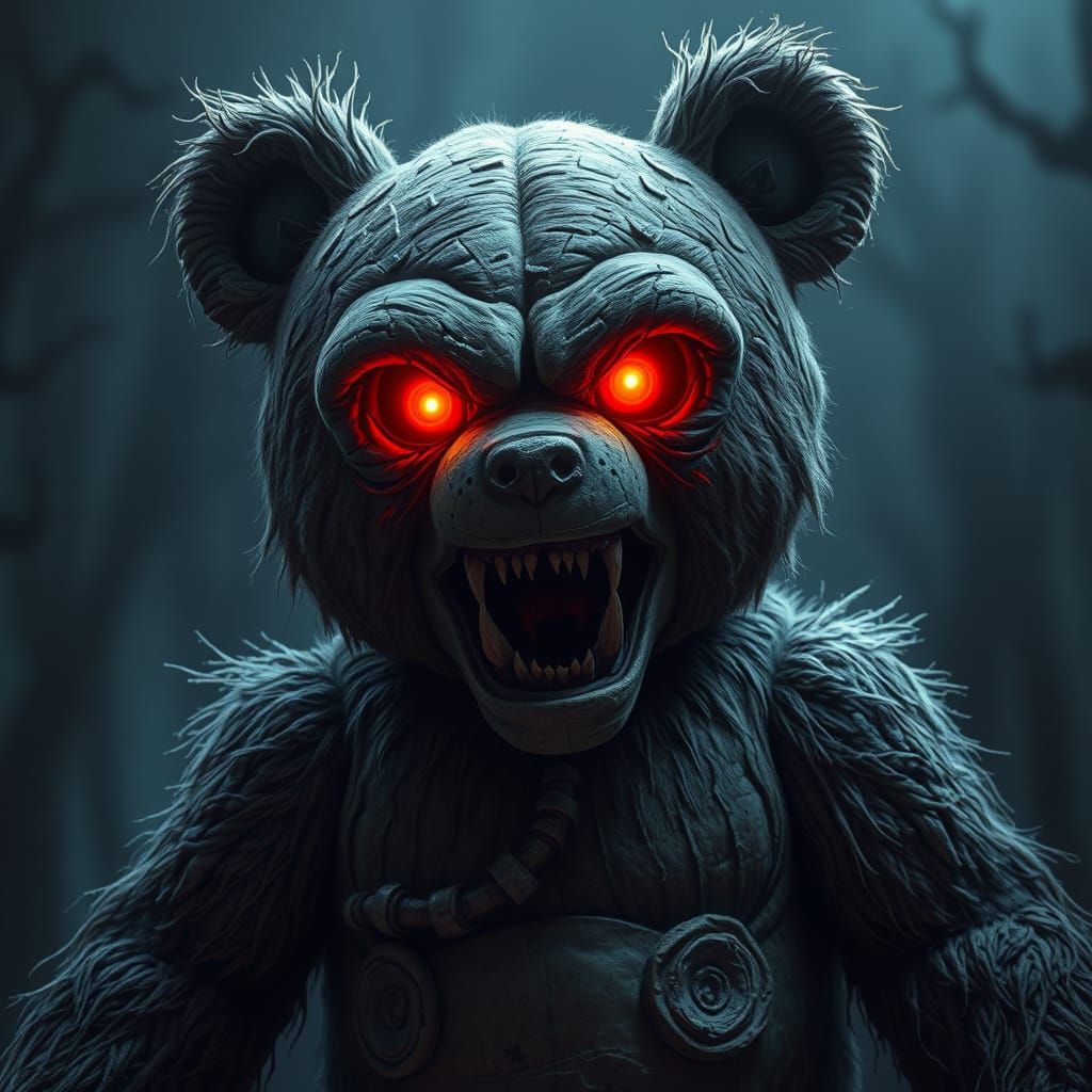 Menacing Teddy Bear with Glowing Red Eyes in Dark Environmen...