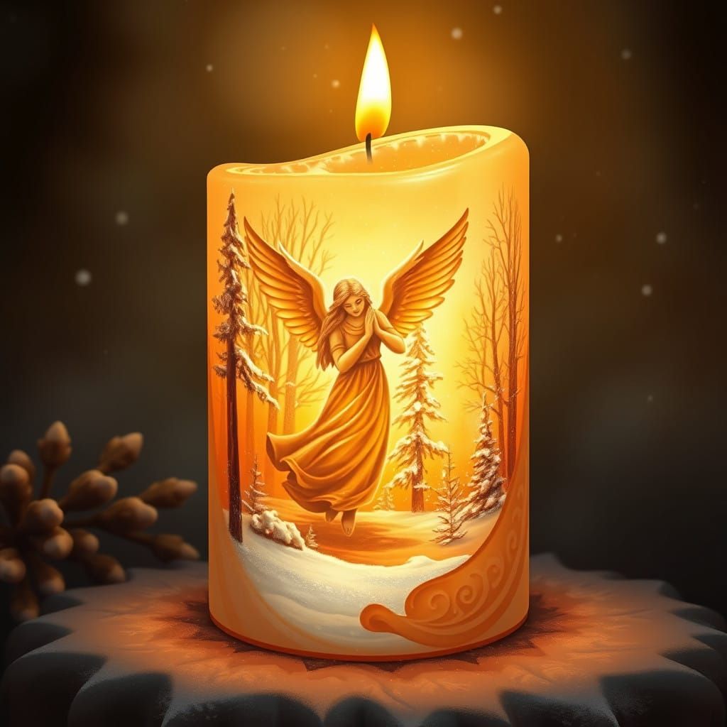 Golden Candlelight Transforms into Praying Angel in Winter W...