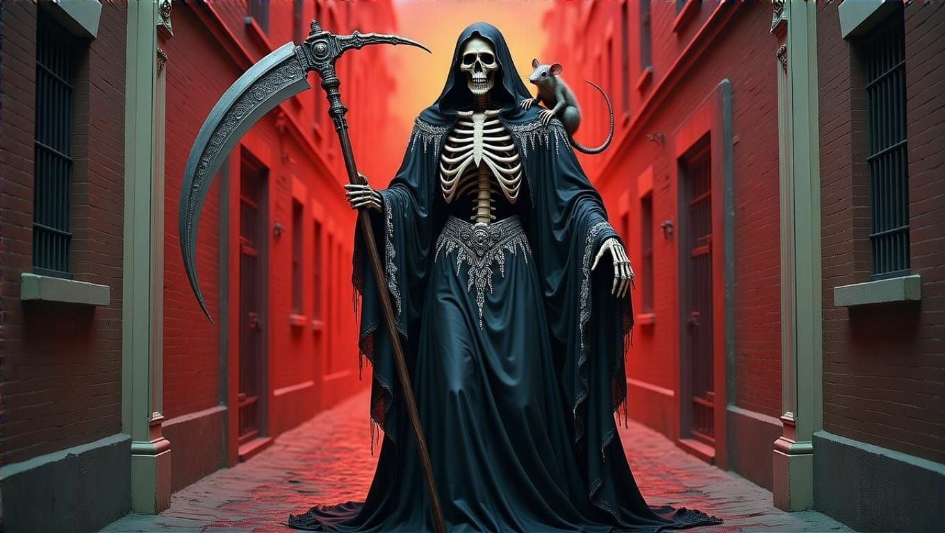Majestic Death with Tiny Skeletal Rat Companion in Crimson A...