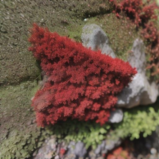 Macro photo of red moss on a rock. <lora:nature sparkles:1.0...