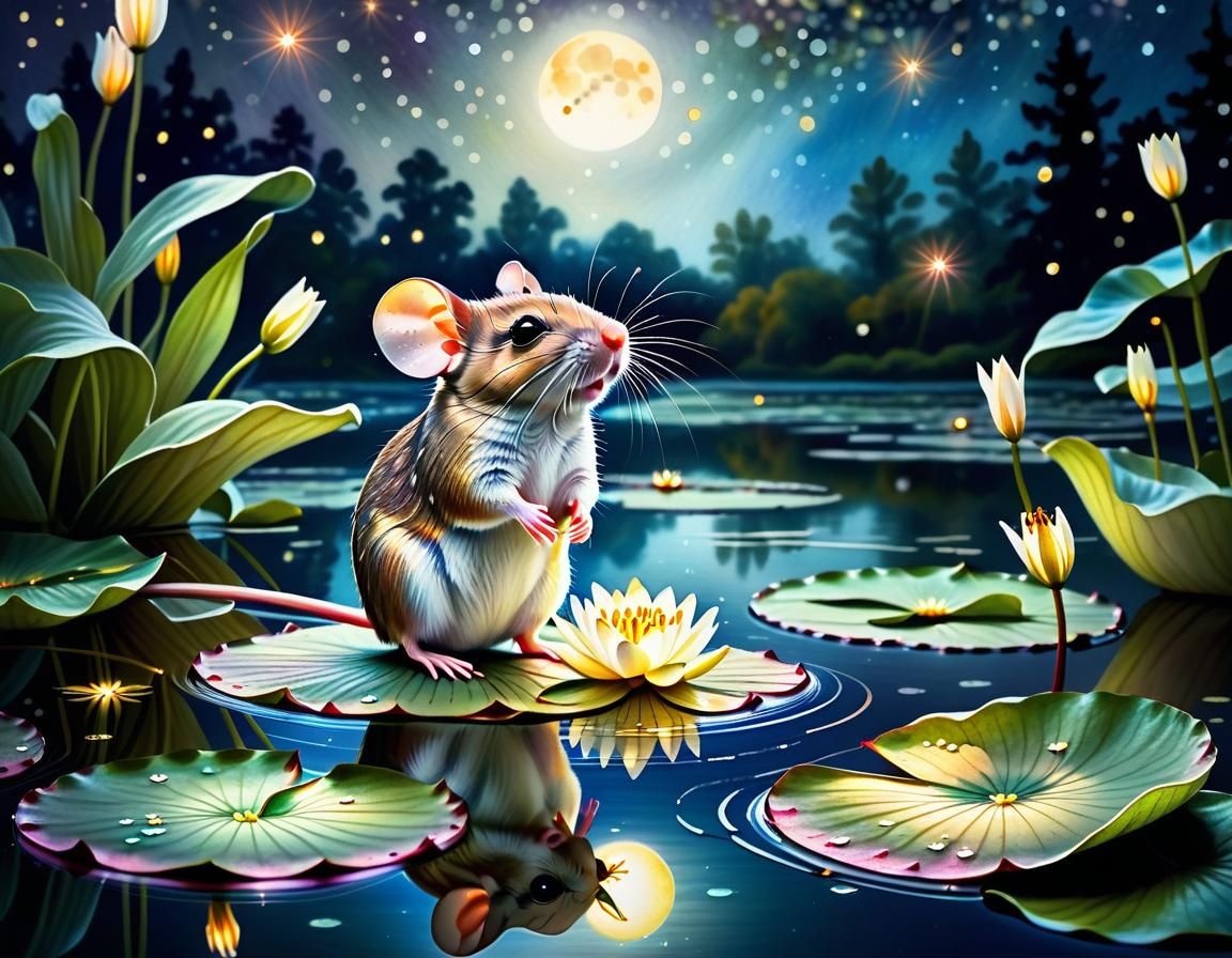 Mouse on Lily Pad in Moonlit Lake, Watercolor