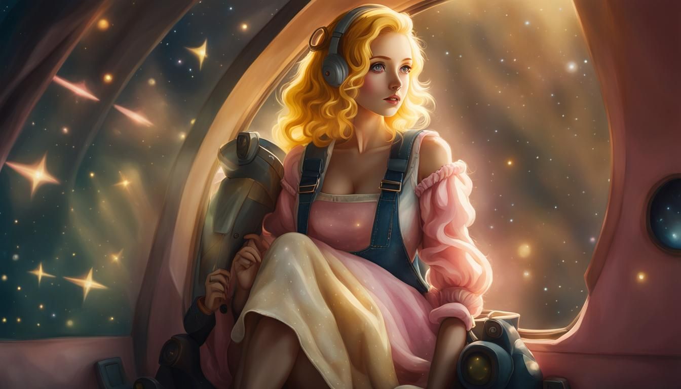 Anime Woman in Spaceship: Naive Surreal Portrait