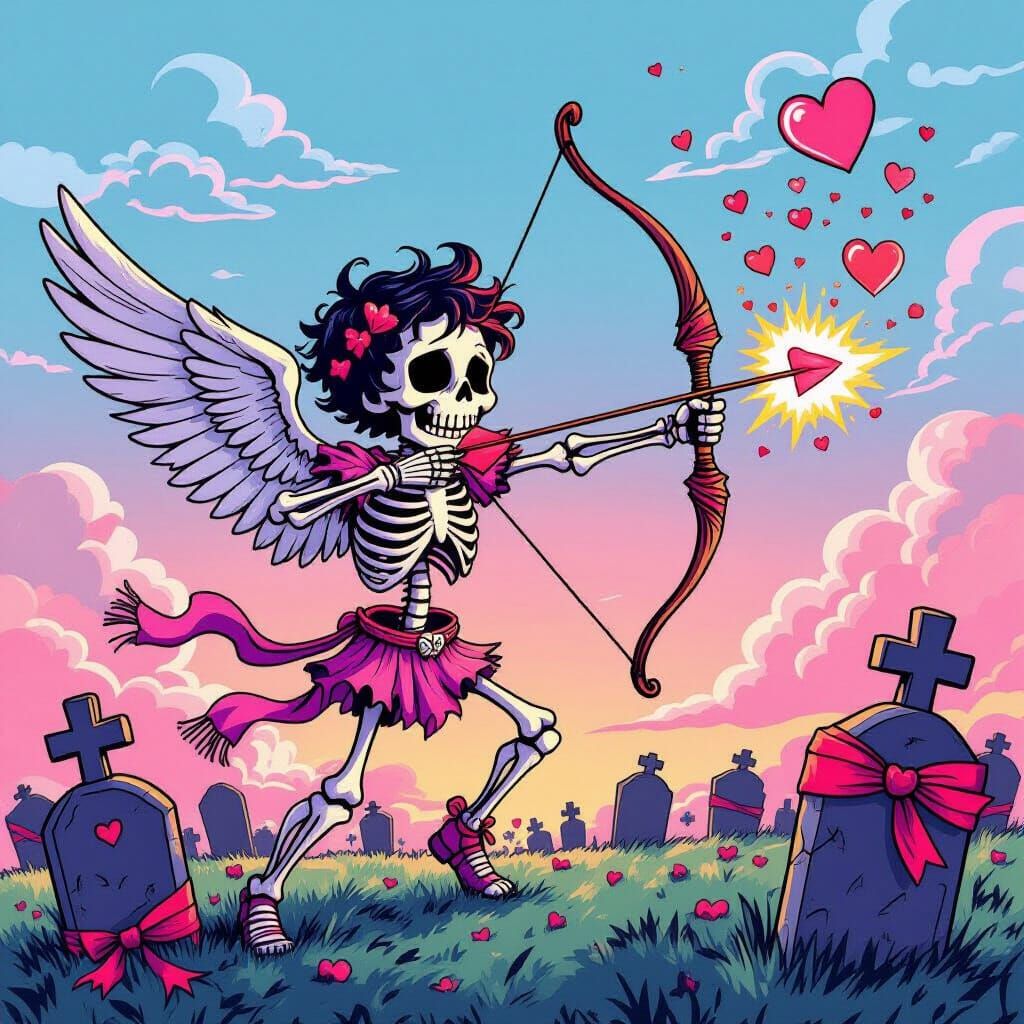Skeletal Cupid Fires Bone Arrows in Macabre Valentine Illust...