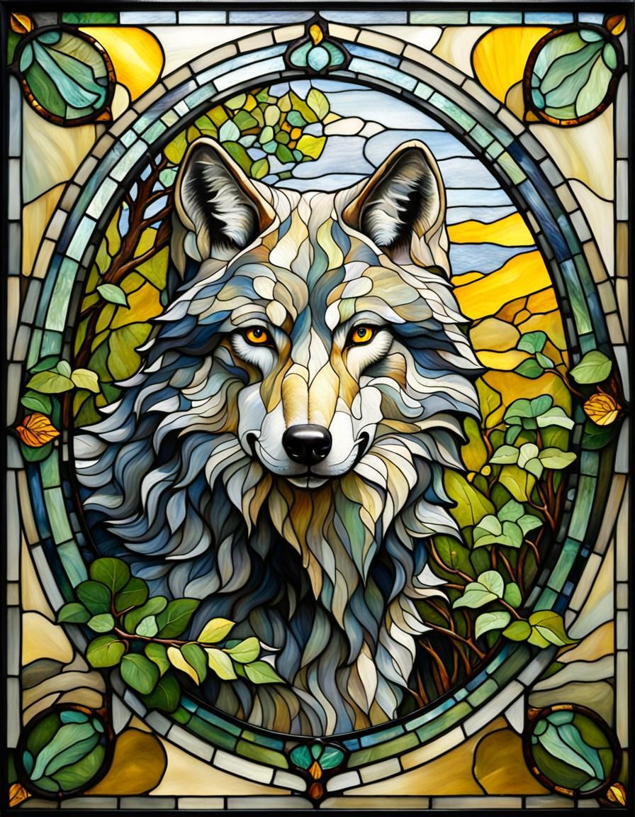 Art Nouveau Wolf Portrait in Stained Glass Style