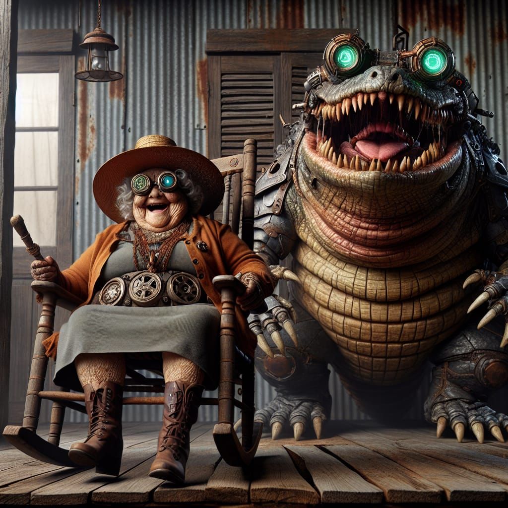 Jovial Witch and Cyborg Alligator on Swamp Porch