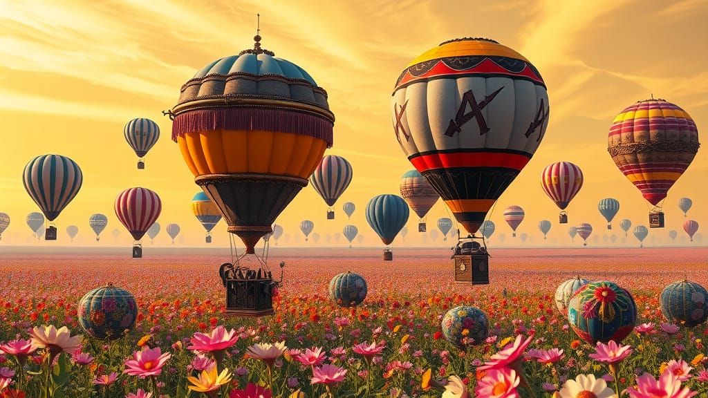 Steampunk Hot Air Balloons Soar Amidst Vibrant Floral Fields