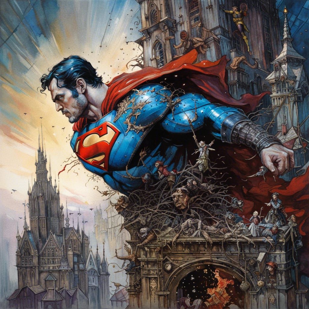 Superman in Dark Fantasy Medieval Metropolis