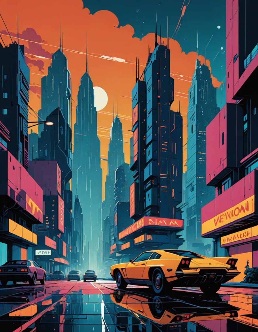 Ethereal Futurism: Retro-Futuristic Cityscape in Bold Pop Ar...