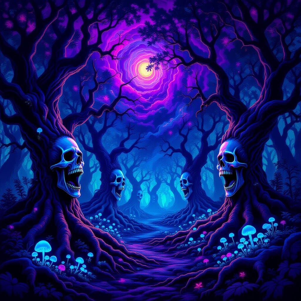 Psychedelic Surreal Forest with Twisted Faces