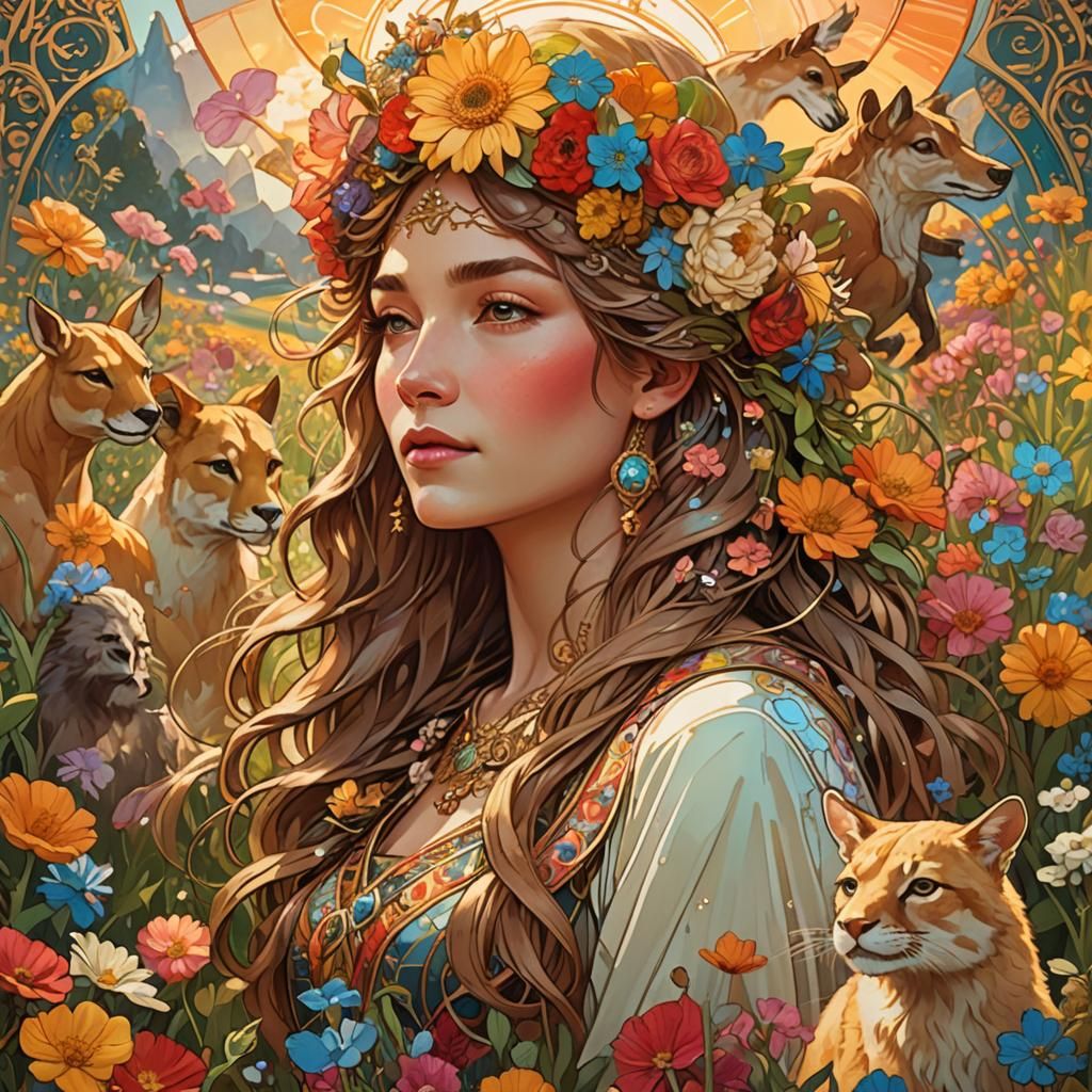 Fantasy Flower Field Portrait in Art Nouveau Style