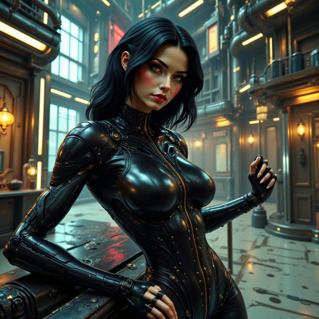 Elegant Cyberpunk CEO in Corporate Skyscraper Office