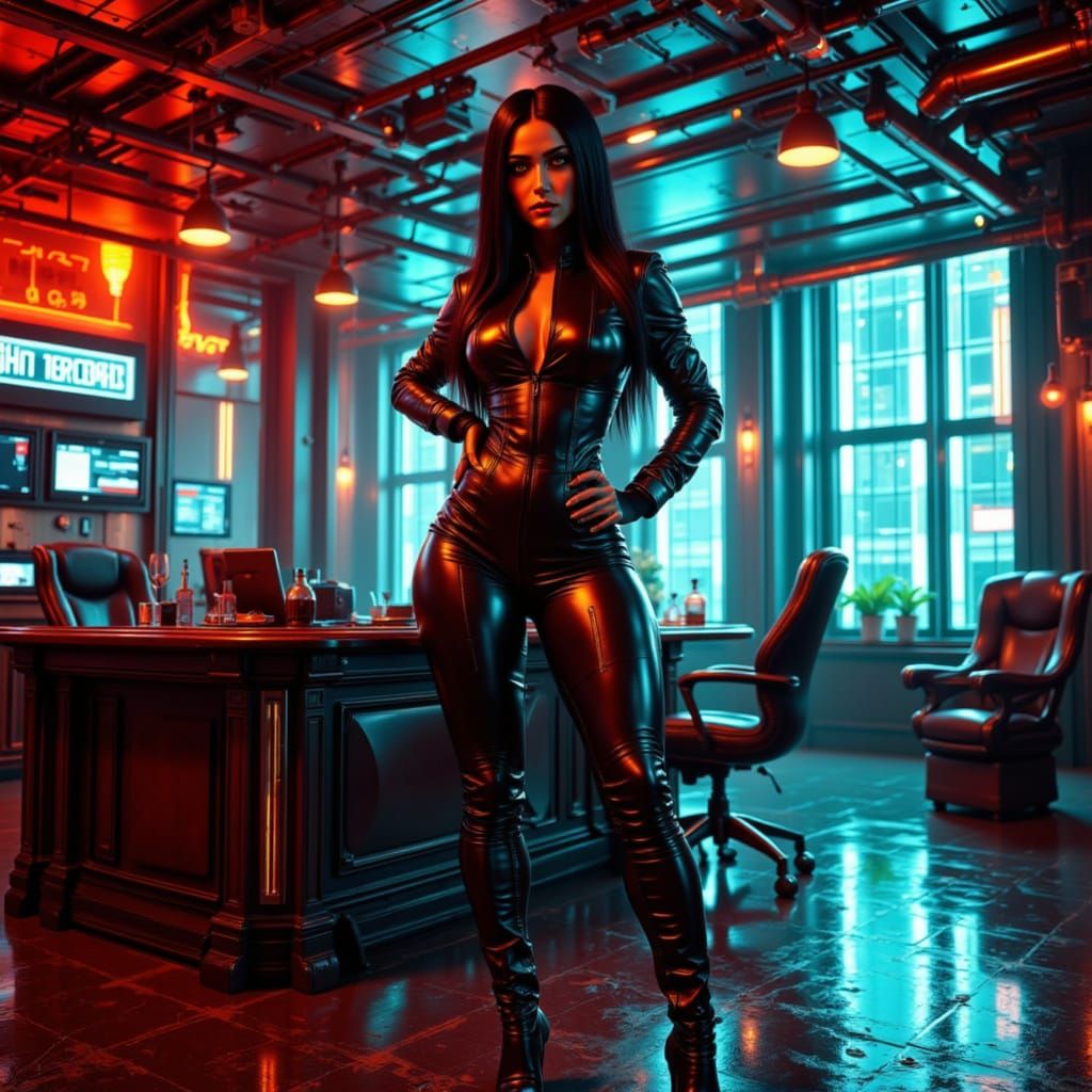 Cyberpunk CEO: Confident Boss Lady in Neon Office