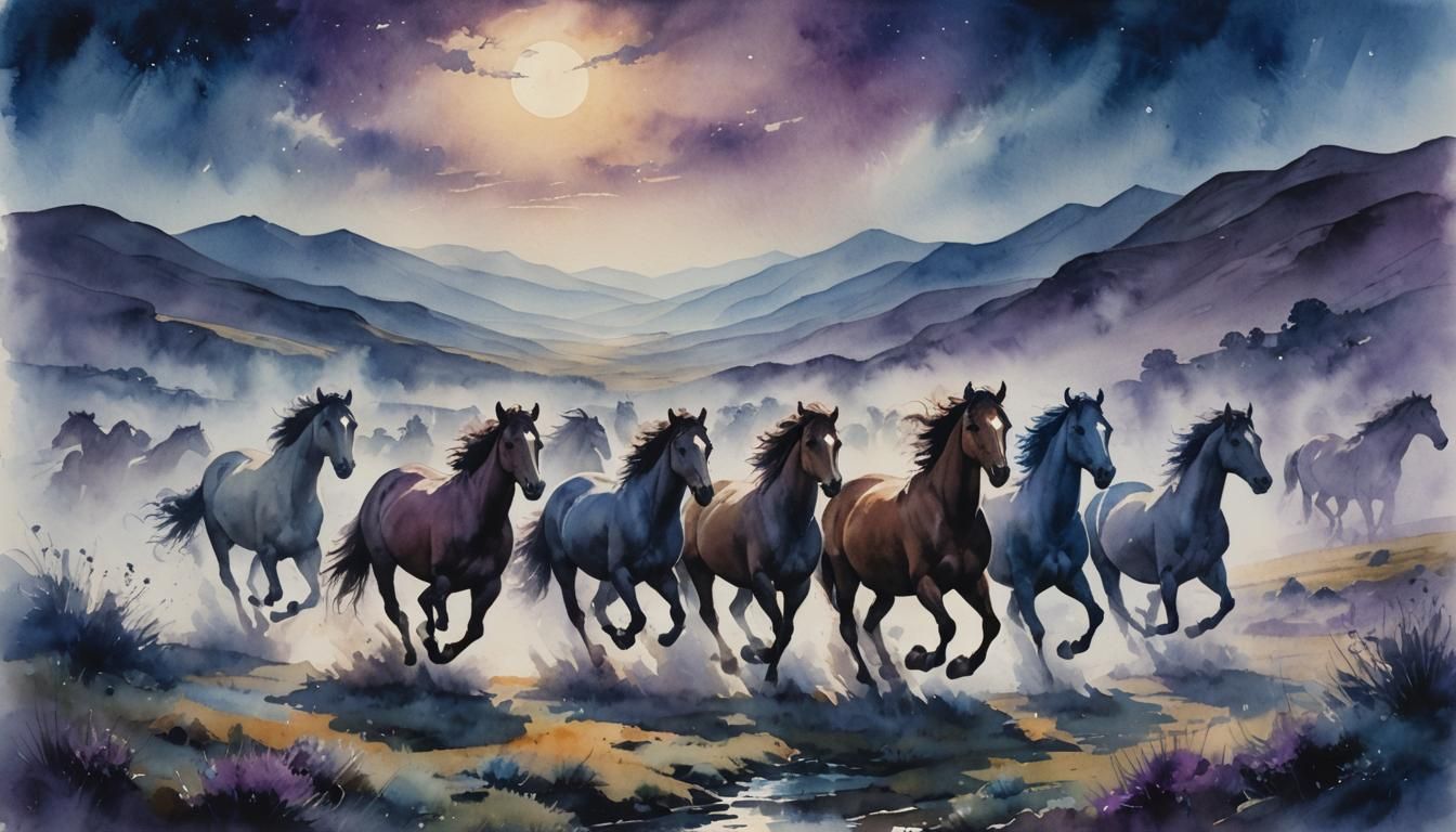 Wild Horses Galloping in a Moonlit Valley