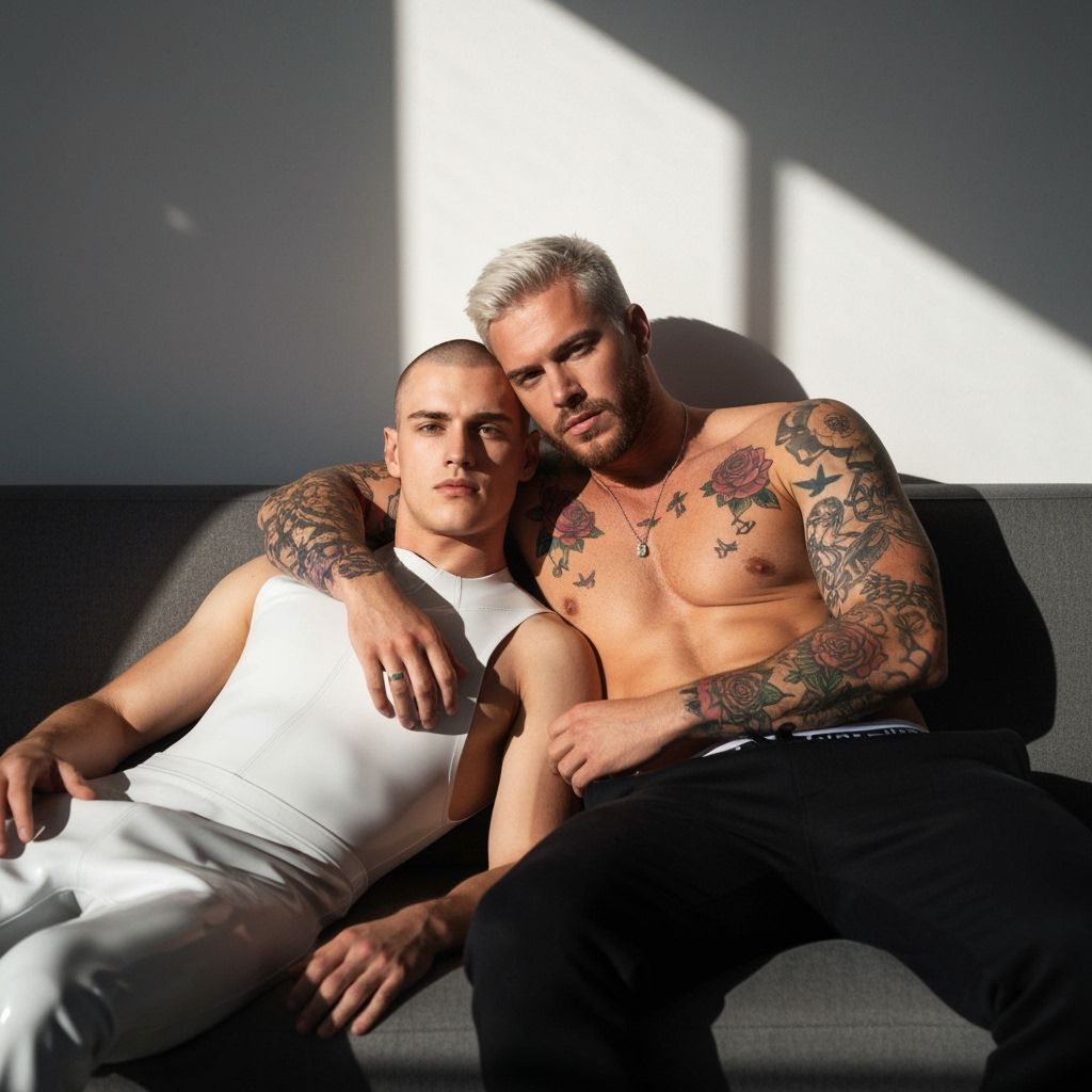 Intimate Portrait of Two Men on Sofa With Dramatic Lighting