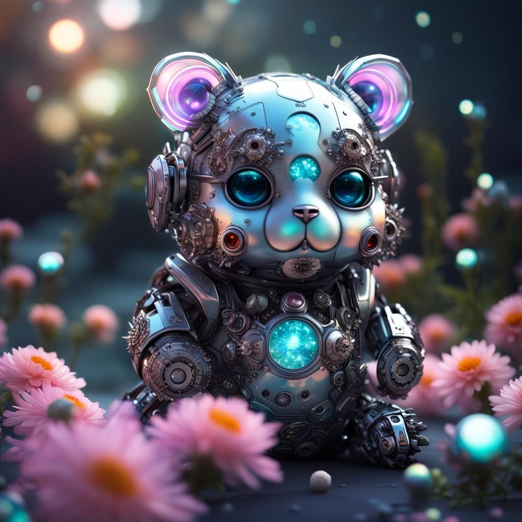 Robotic Bear Kitten in Hyperspace: Opalescent Cyborg Portrai...