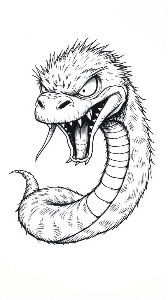 Furry Fugly Frenzy: A Roaring Snake in Dark Line Art