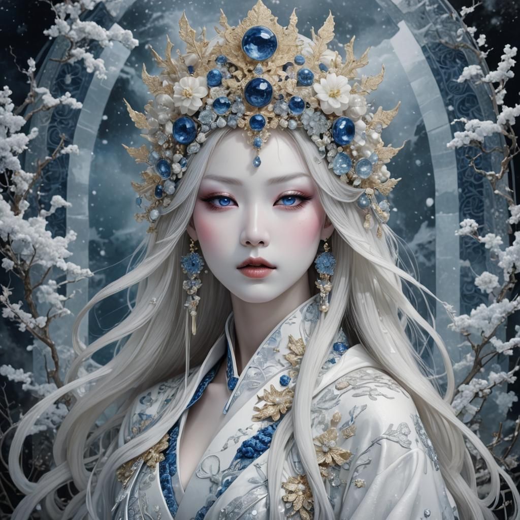 Icy Empress with Flowing Hair and Ice Crystals