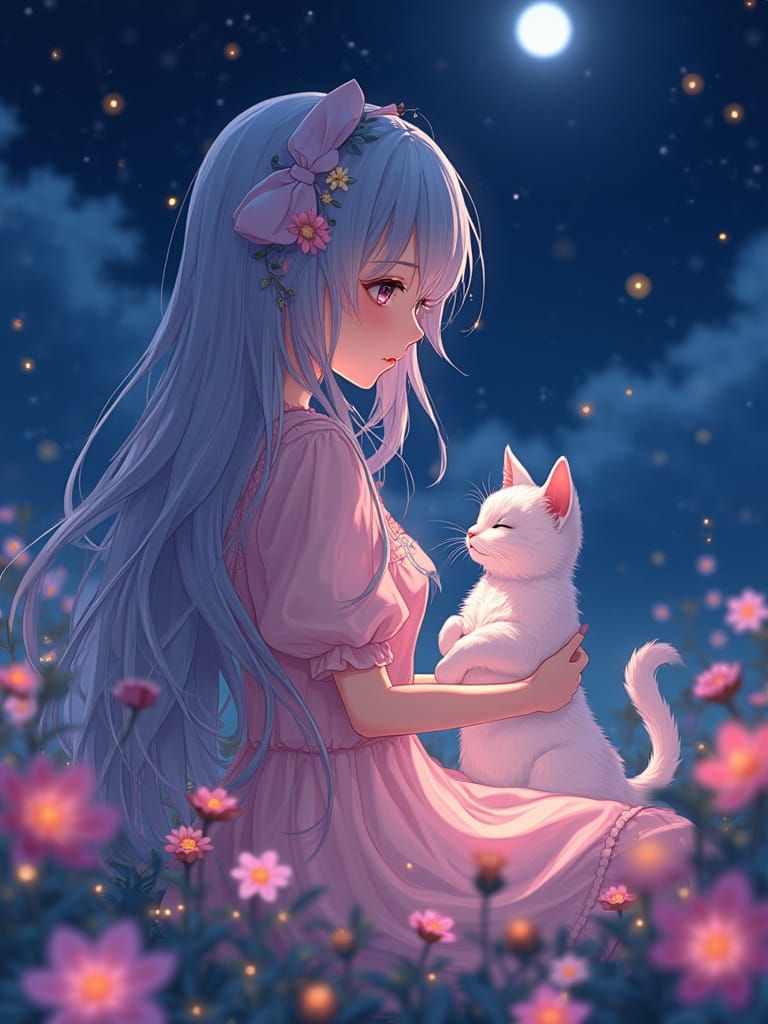 Anime Girl and Cat in Dreamy Celestial Scene