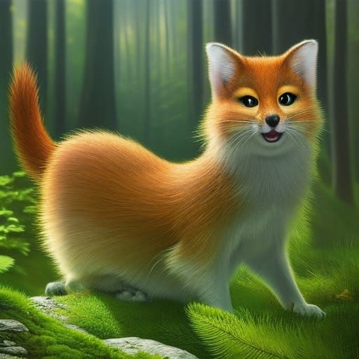 Japanese Weasel Playing in Forest, Hyperrealistic Painting