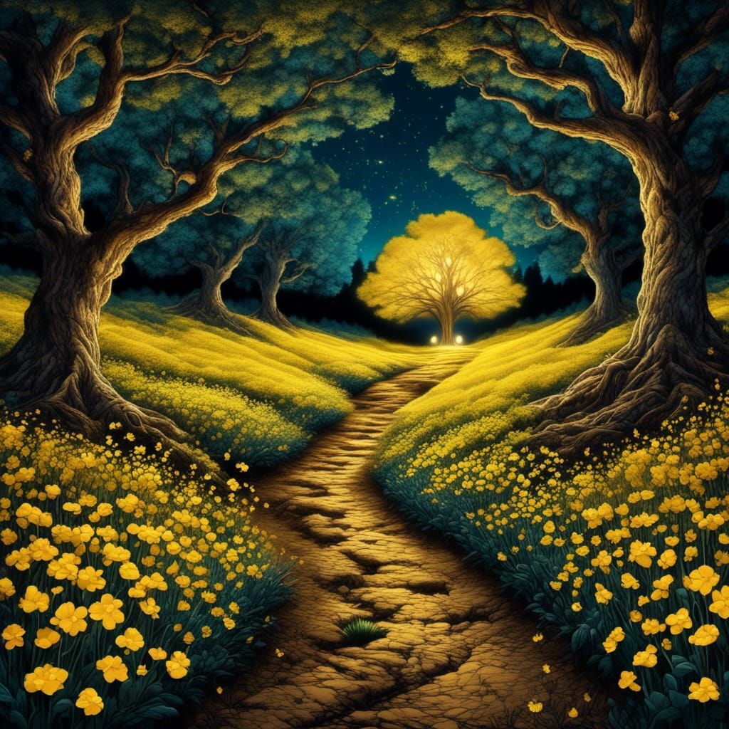 A path of curves is projected into a field of small yellow f...