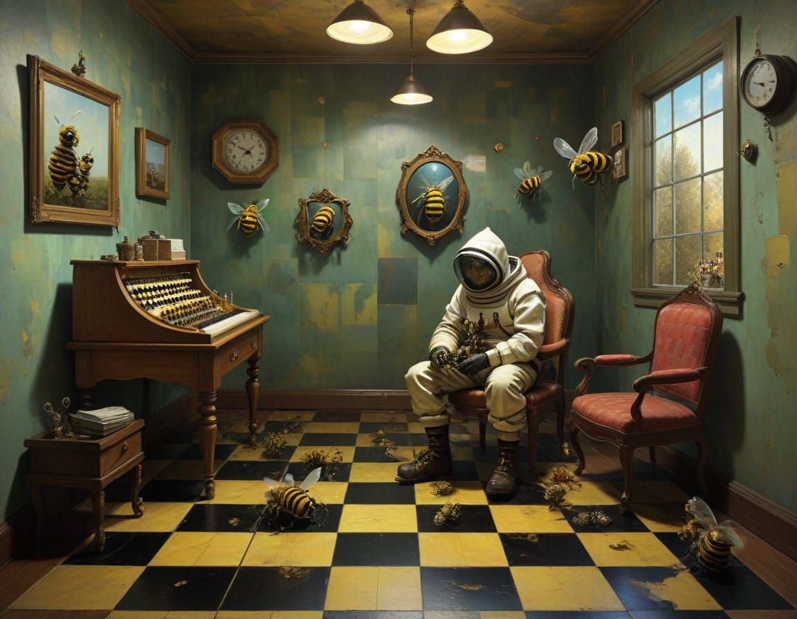 Surreal Bee Keeper in Steampunk Waiting Room