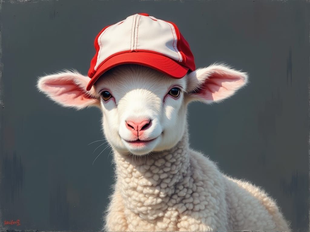Lamb in Baseball Cap: Neo-Impressionist Pastel Art
