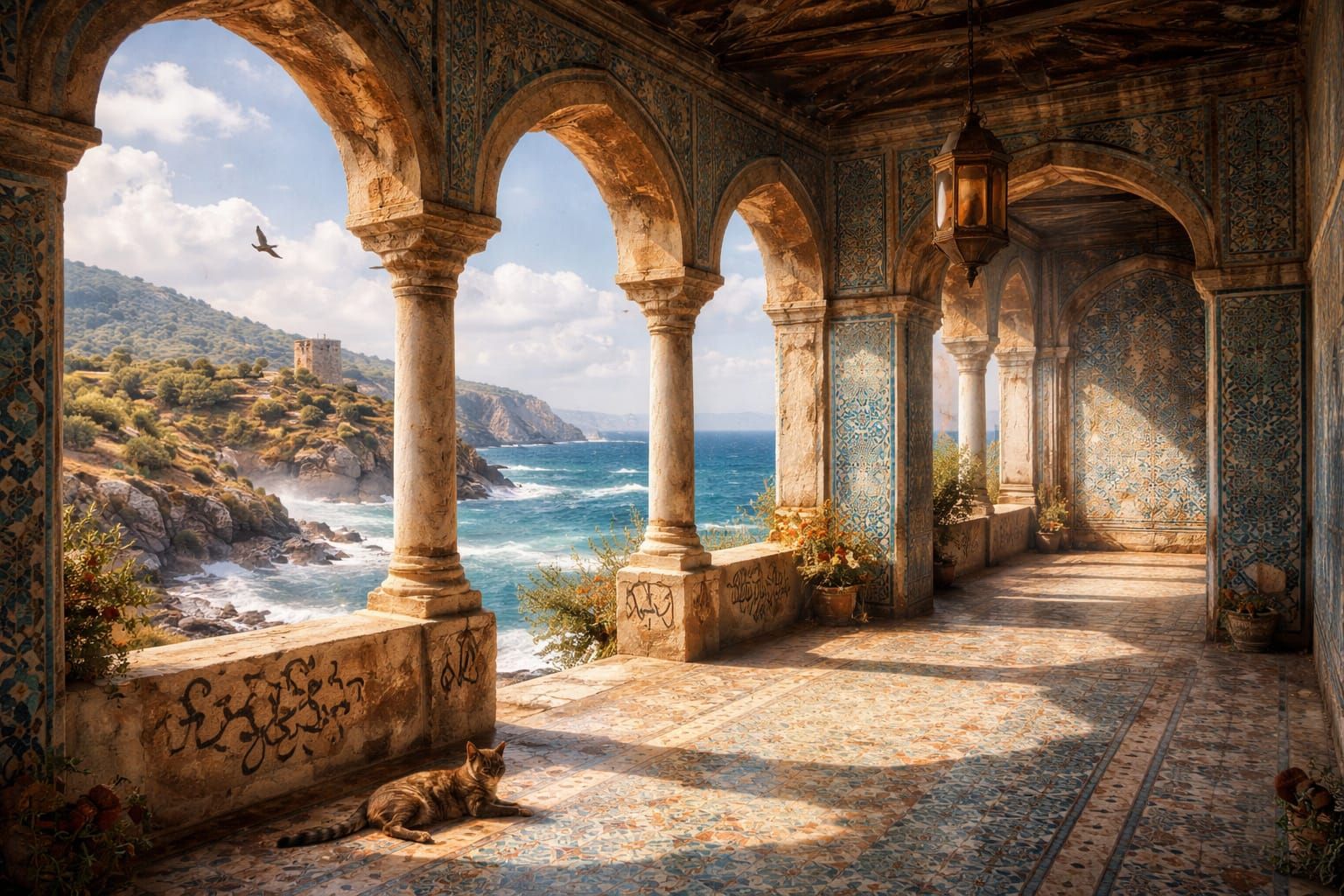 Sun-Drenched Ottoman Gallery with Mediterranean View