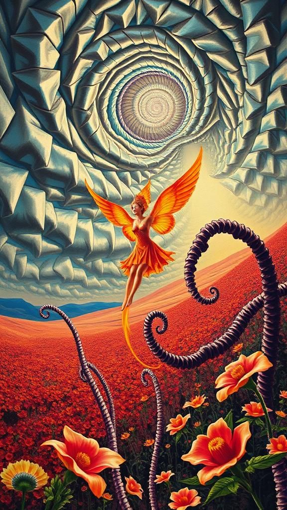 Surreal Landscape with Elastic Flora and Winged Fairy