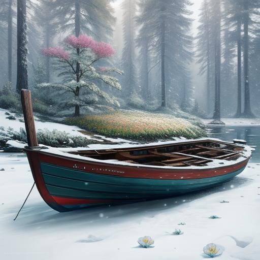 Hyperrealistic Boat in Snowy Forest with Flowers