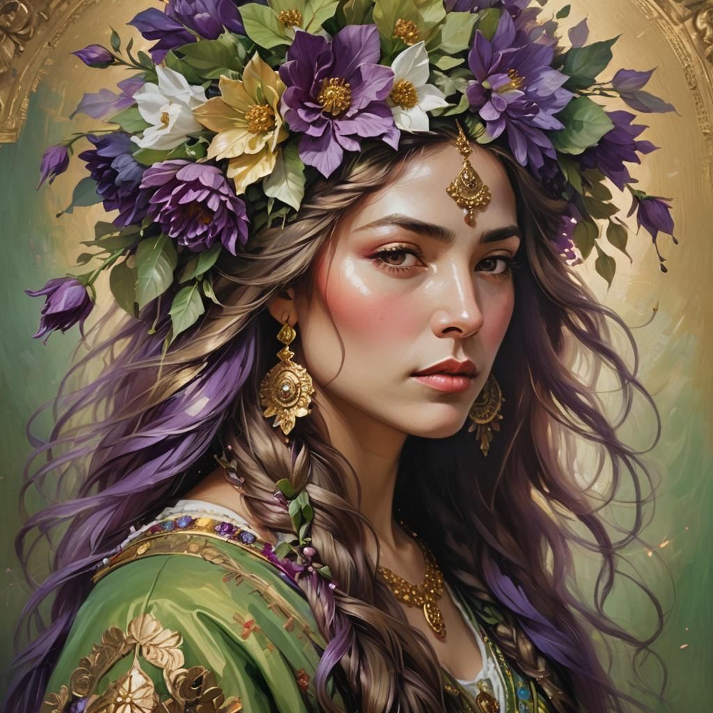 Elegant Portrait Painting of Woman with Floral Headdress