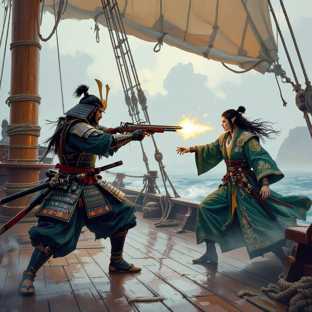 Samurai Battles Elf with Musket on Sailing Ship