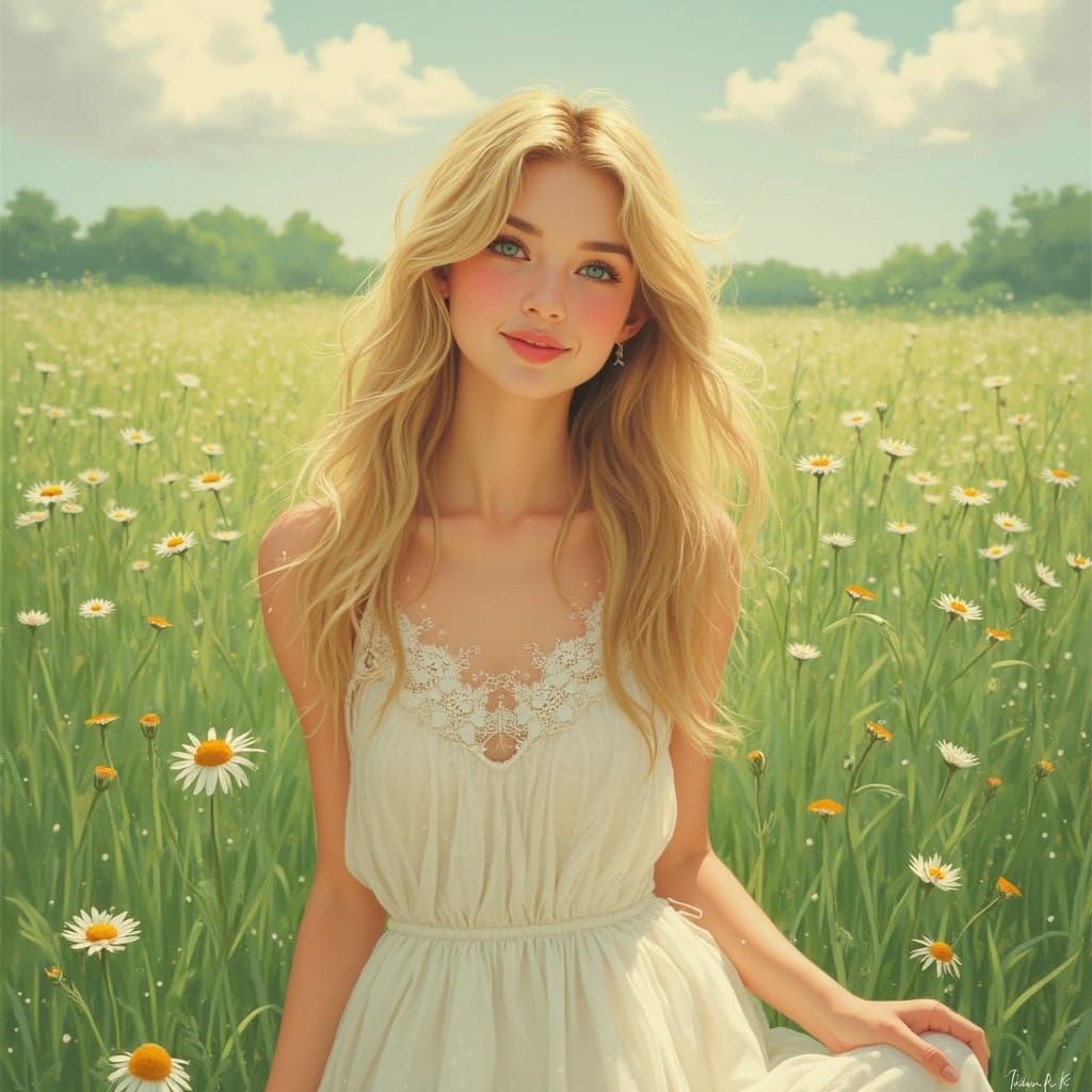 Delicate Fair-Skinned Woman in Floral Meadow