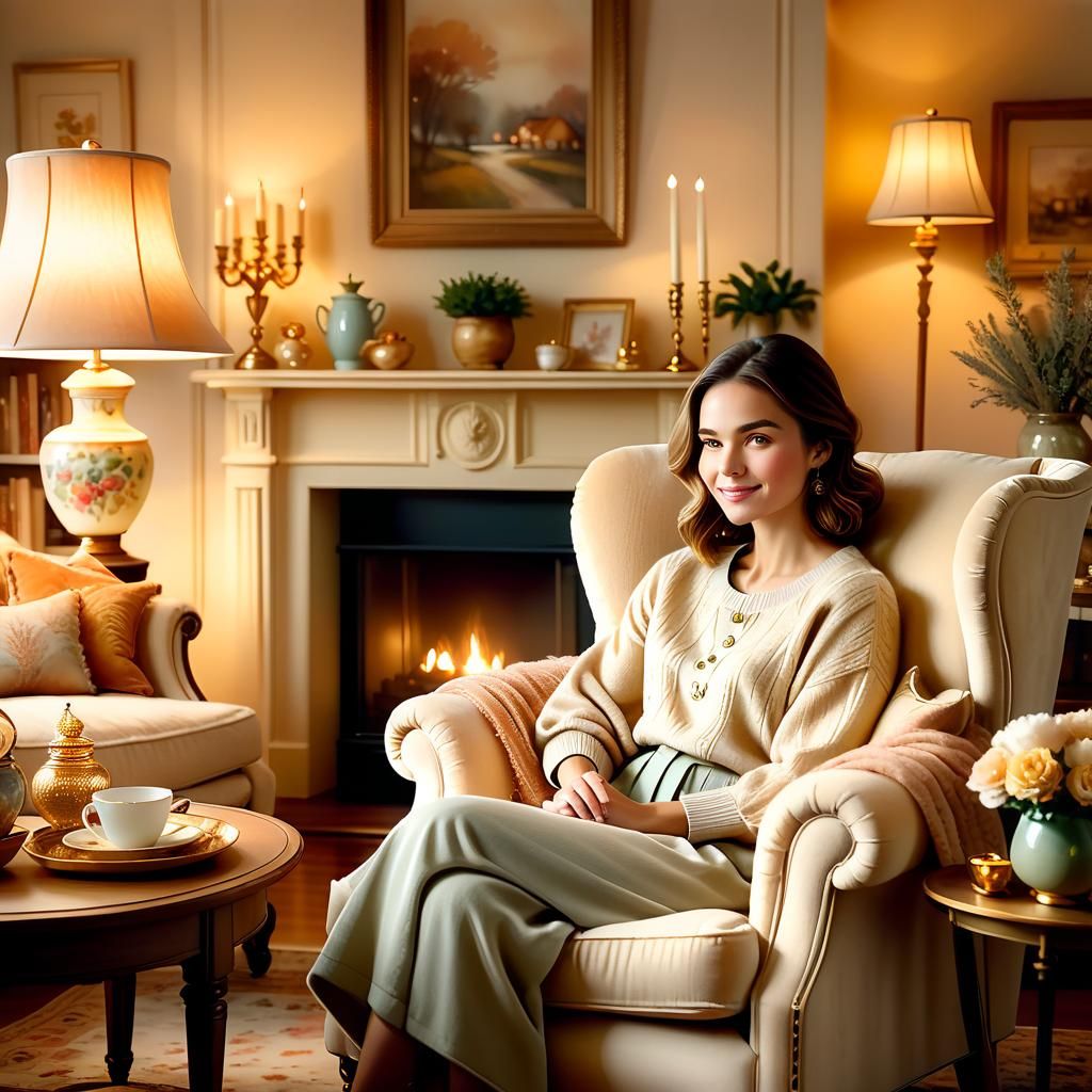 Cozy Living Room with Woman in Watercolor Style
