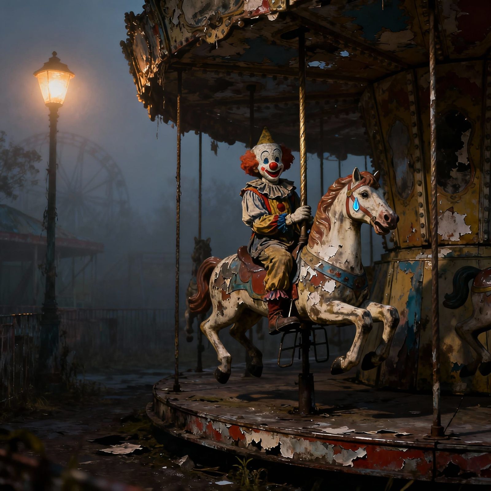 Melancholy Clown on Abandoned Carousel Horse