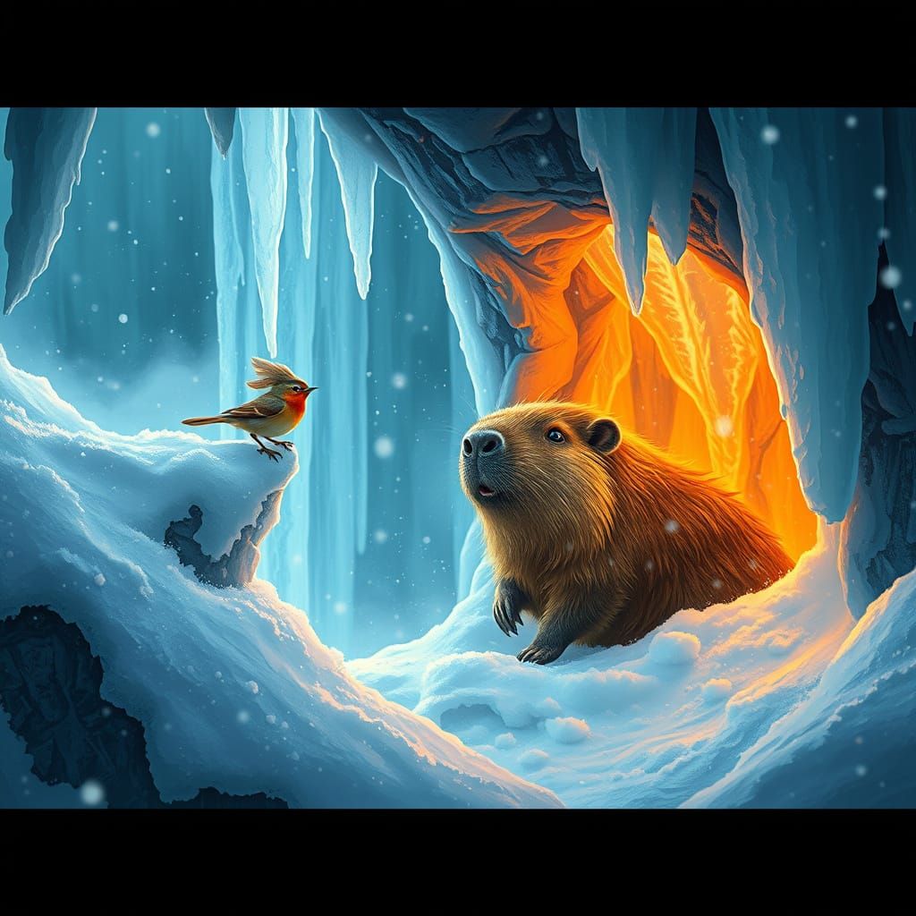 Winter Capybara Sanctuary with Curious Little Bird