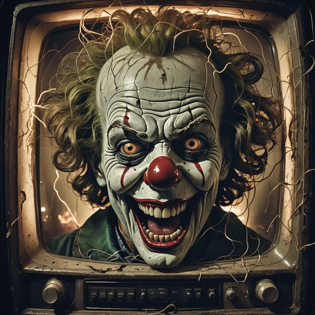 Grotesque Clown Leering from Vintage TV Screen