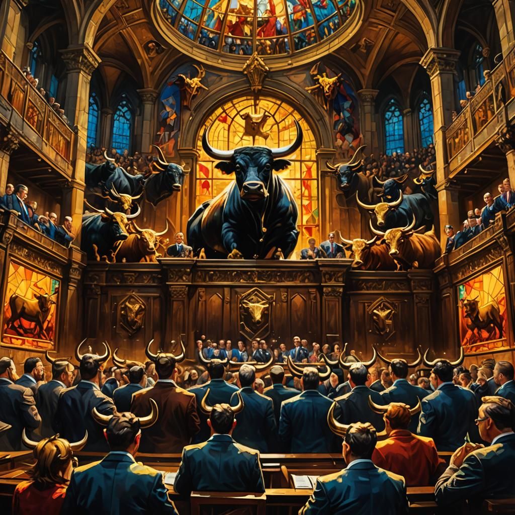 Bulls in Parliament Chamber: A Surrealist Oil Painting