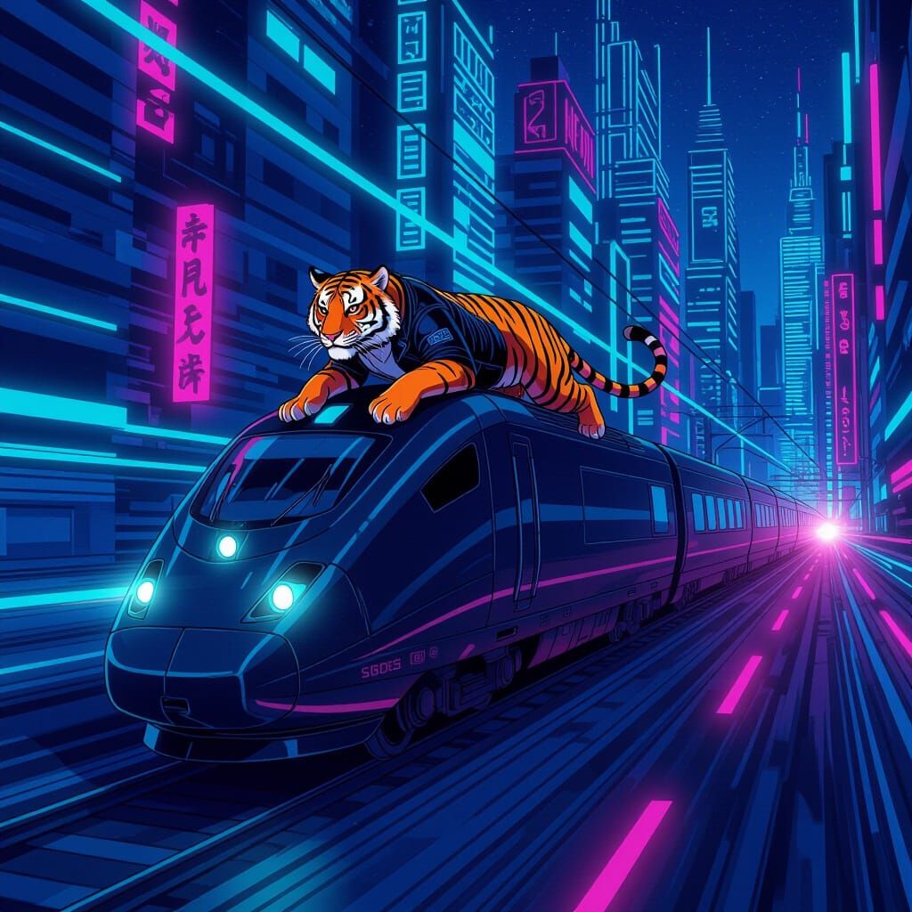Tiger Rides a Futuristic Train in Comic Book Style