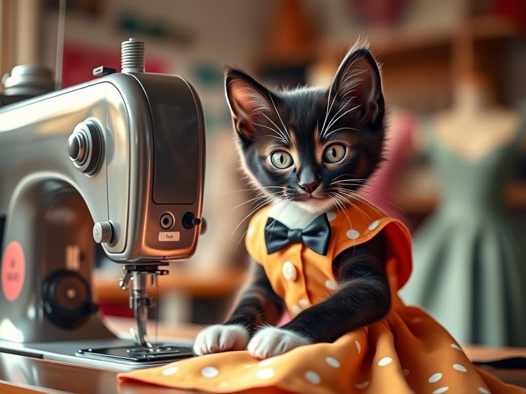 Tuxedo Kitten Sewing in 1950s Dress Shop