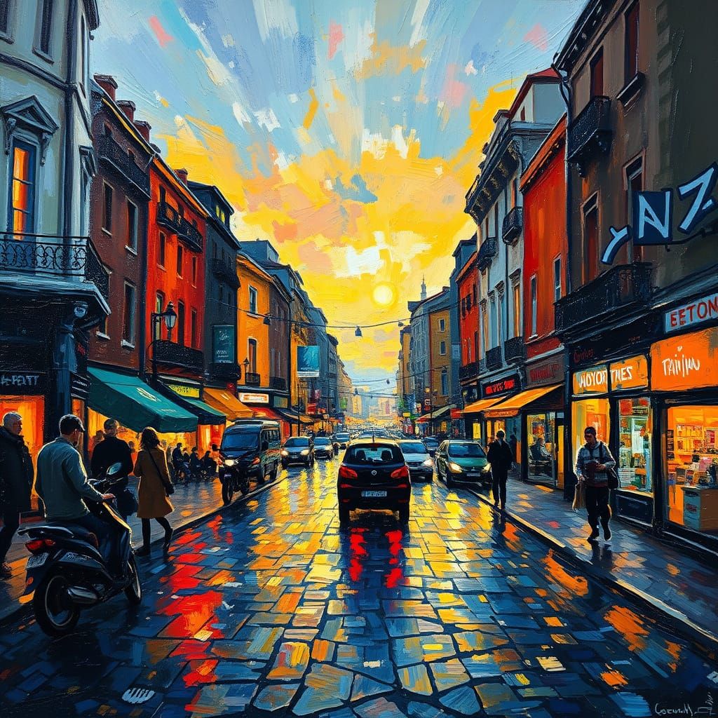 Bustling Cityscape at Dusk in Lovis Corinth Style