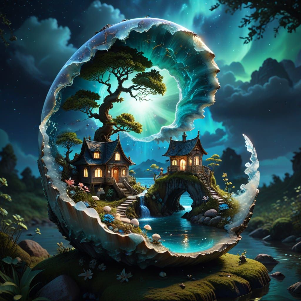 Surreal Scene within a Glowing Geode Seashell