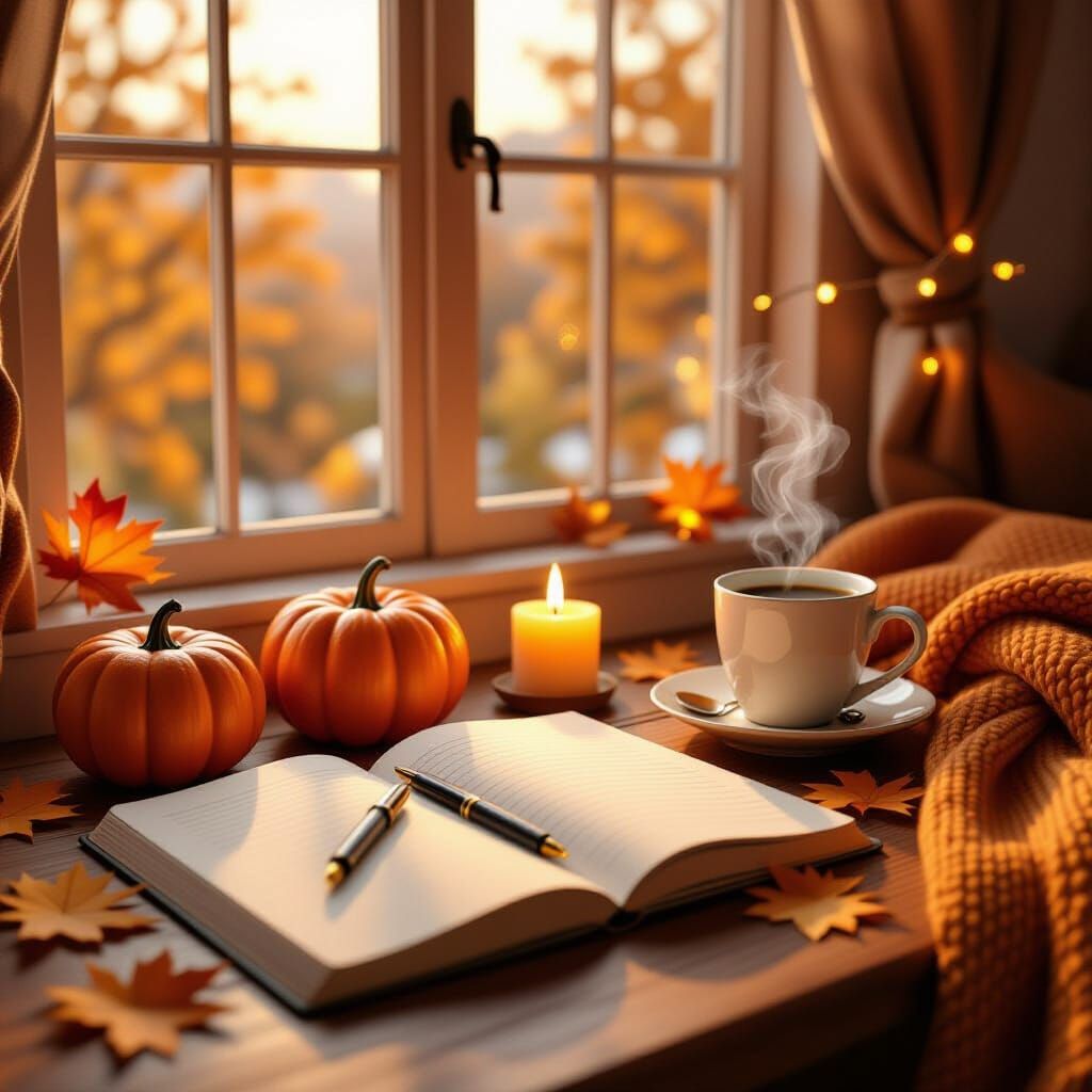 Cozy Autumn Workspace in Warm Golden Light